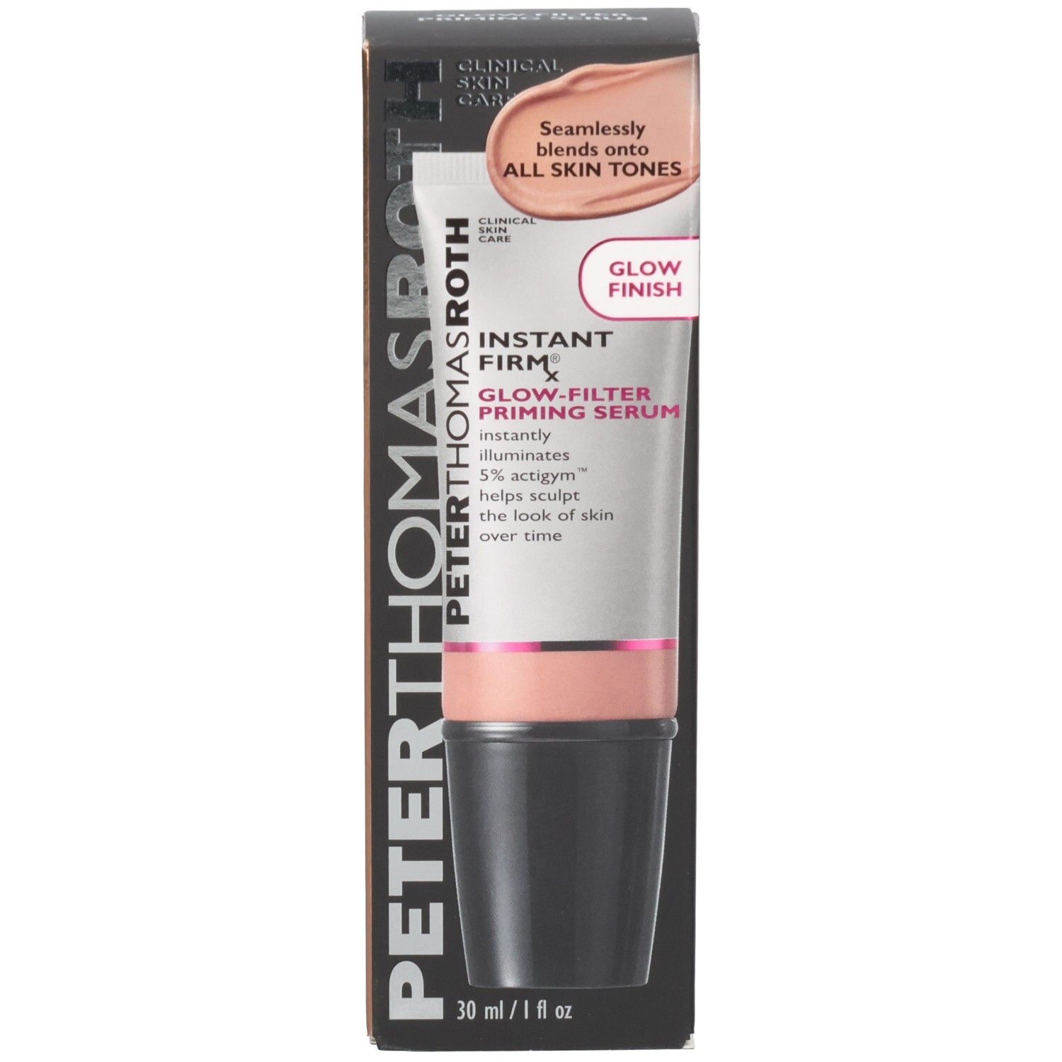 Peter Thomas Roth Instant Firmx Glow-Filter Priming Serum Tube und Kartonverpackung, Vorderansicht.