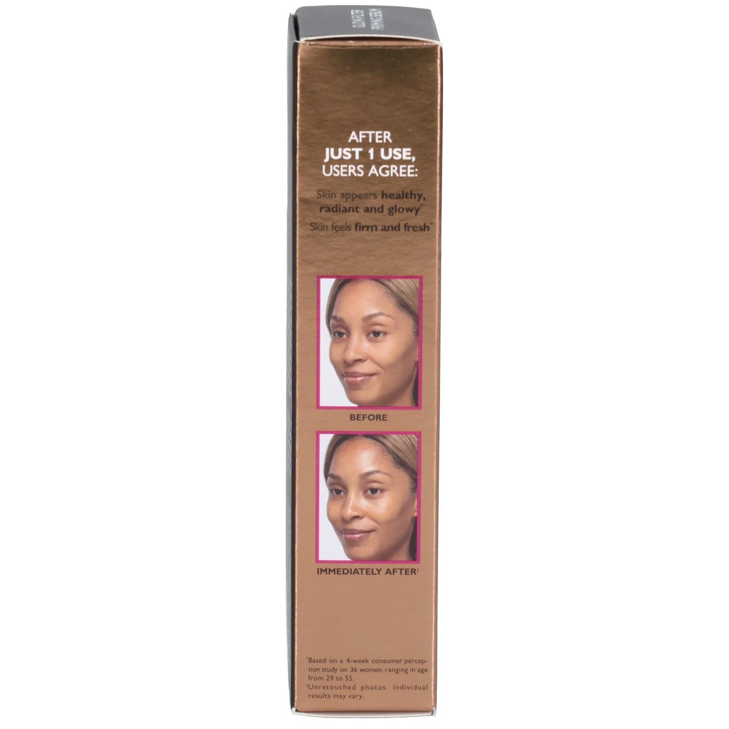 Seite der Peter Thomas Roth Instant Firmx Glow-Filter Priming Serum Kartonverpackung mit Vorher/Nachher-Bildern.