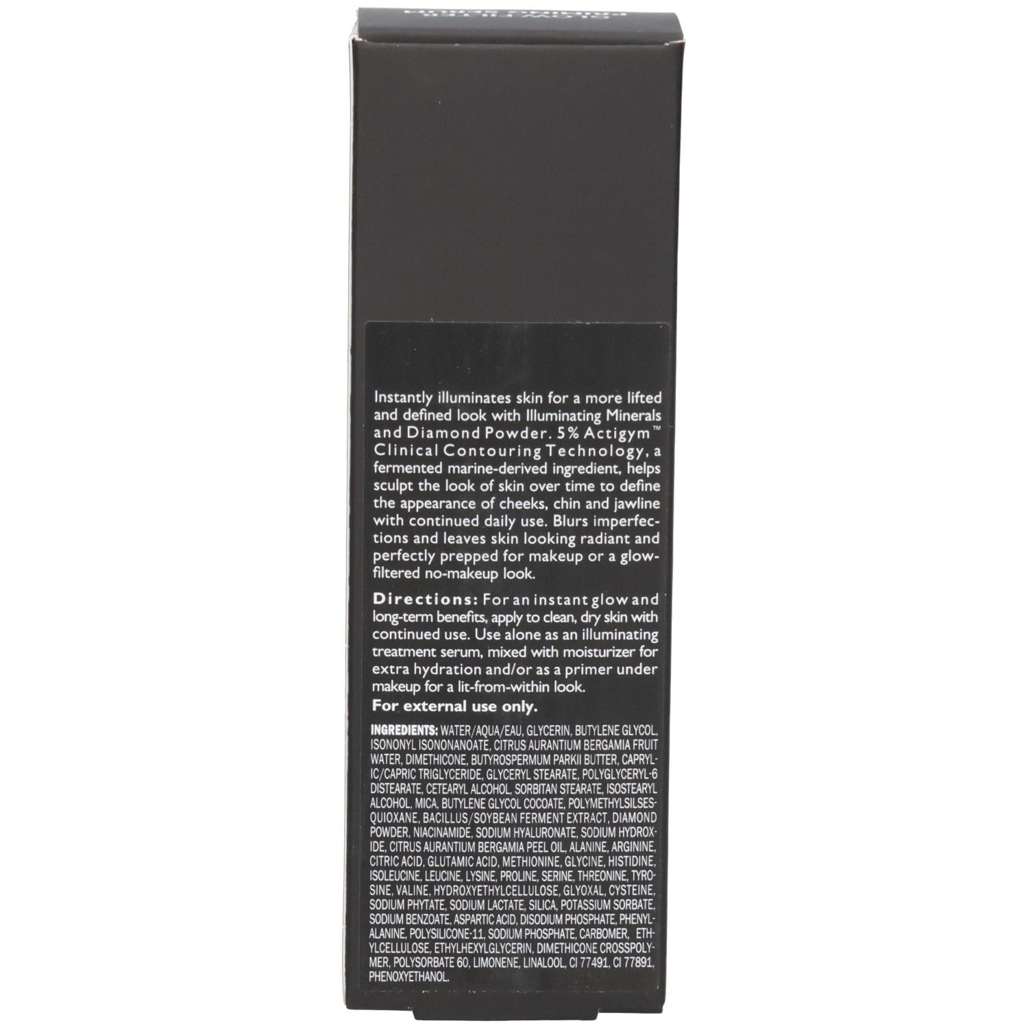 Seite der Peter Thomas Roth Instant Firmx Glow-Filter Priming Serum Kartonverpackung mit Inhaltsstoffen.