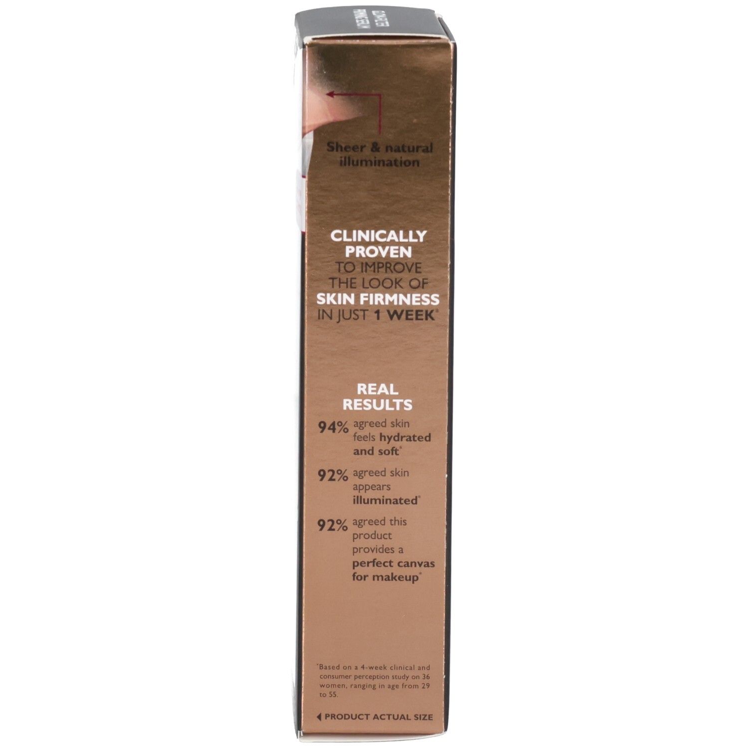 Seite der Peter Thomas Roth Instant Firmx Glow-Filter Priming Serum Kartonverpackung mit klinischen Ergebnissen.