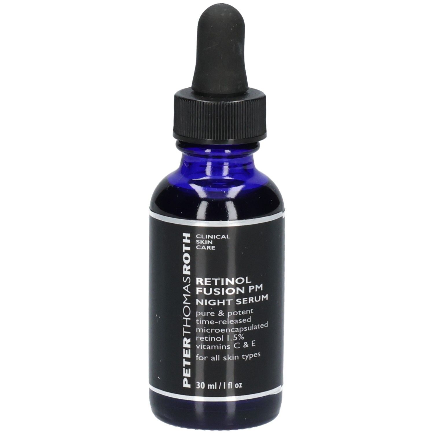 Peter Thomas Roth Retinol Fusion PM Night Serum in blauer Glasflasche mit Pipette, 30 ml / 1 fl oz.