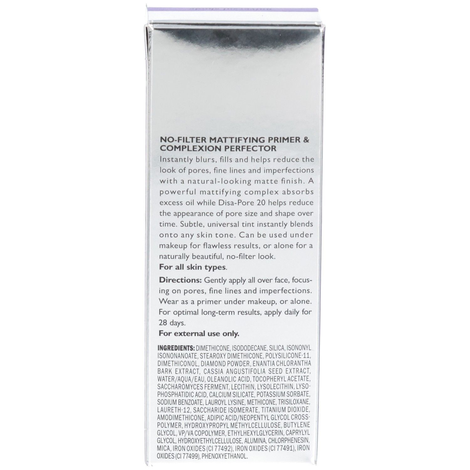 Rückseite der Peter Thomas Roth Skin To Die For Mattifying Primer Verpackung mit Produktinformationen.