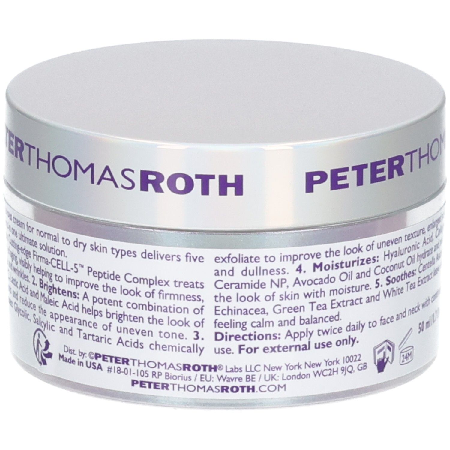 Rückseite Peter Thomas Roth Tiegel: Informationen zu Inhaltsstoffen und Anwendung.