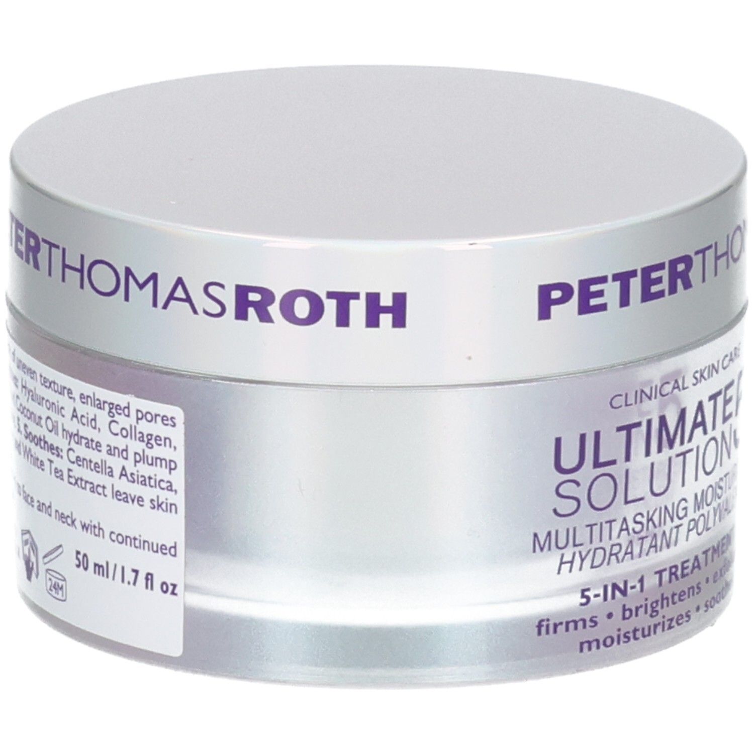 Peter Thomas Roth Tiegel mit 50ml Ultimate Solution 5 Multitasking Moisturizer, Etikett mit Details.