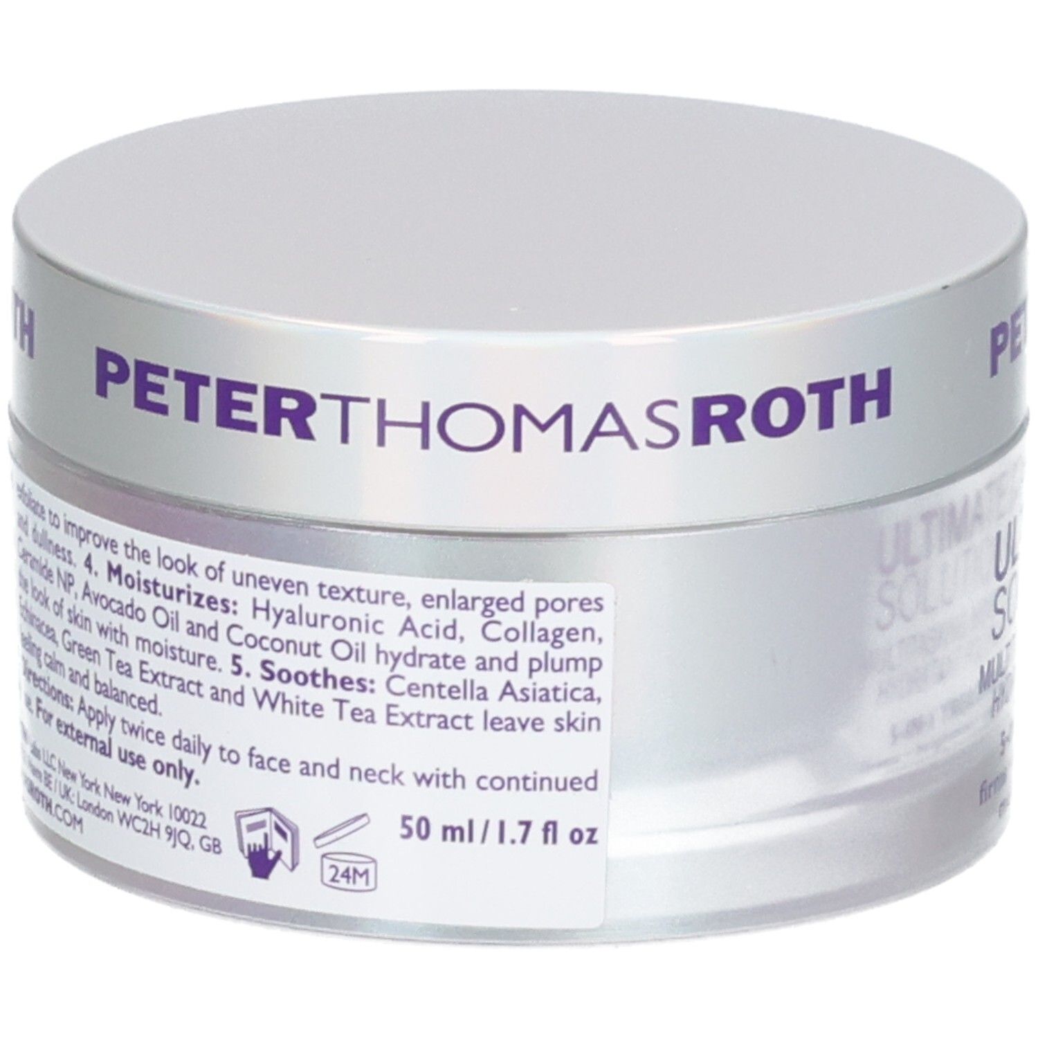 Peter Thomas Roth Tiegel mit Etikett, das die Vorteile des Ultimate Solution 5 Moisturizers beschreibt.