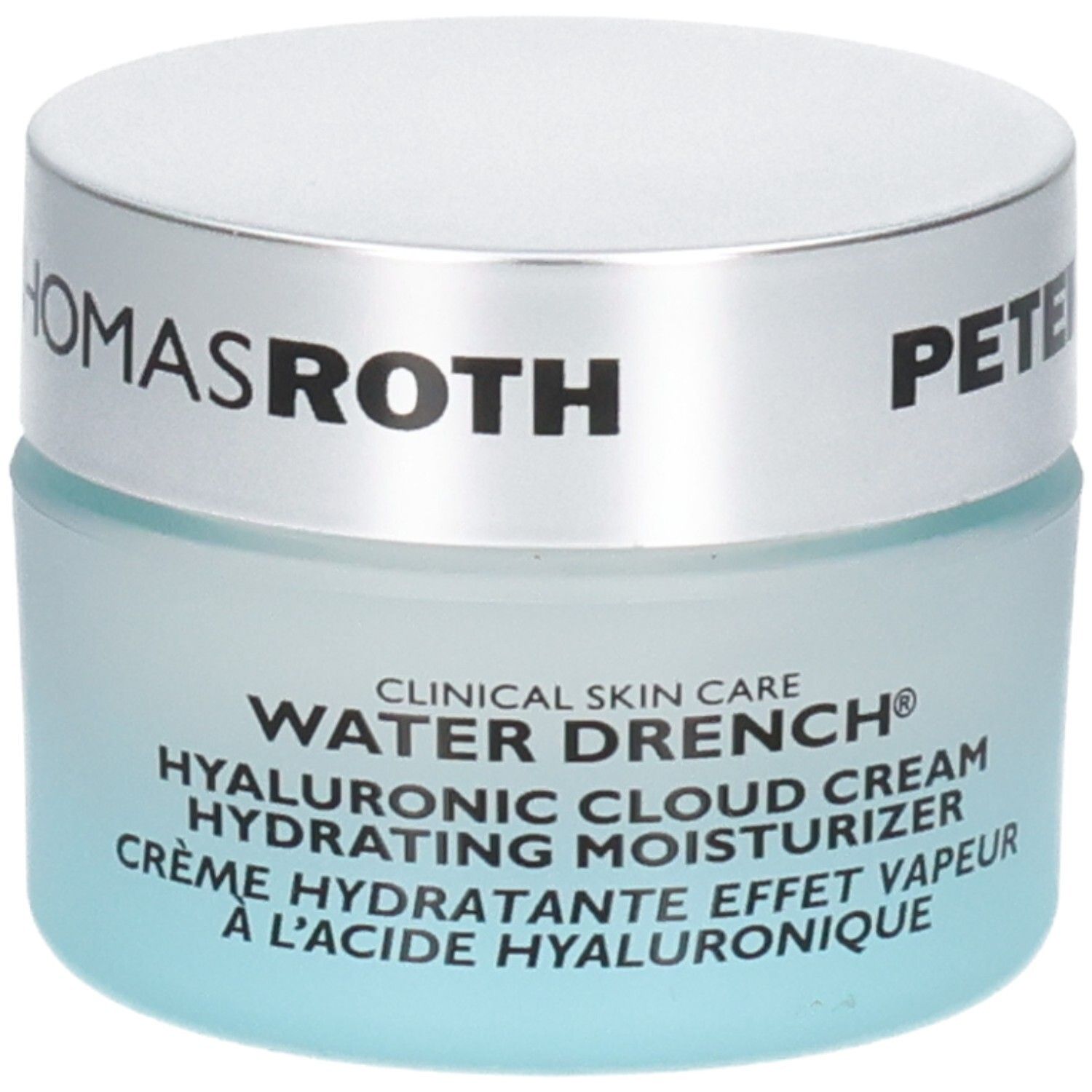 Peter Thomas Roth Water Drench Hyaluronic Cloud Cream Feuchtigkeitscreme, Glasbehälter mit silbernem Deckel.