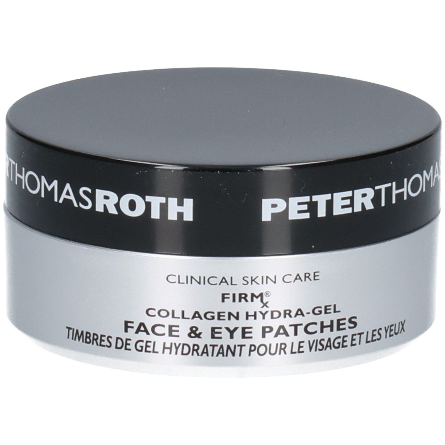 Peter Thomas Roth FIRMx Collagen Hydra-Gel Gesichts- und Augenpads in einem silbernen und schwarzen Tiegel.