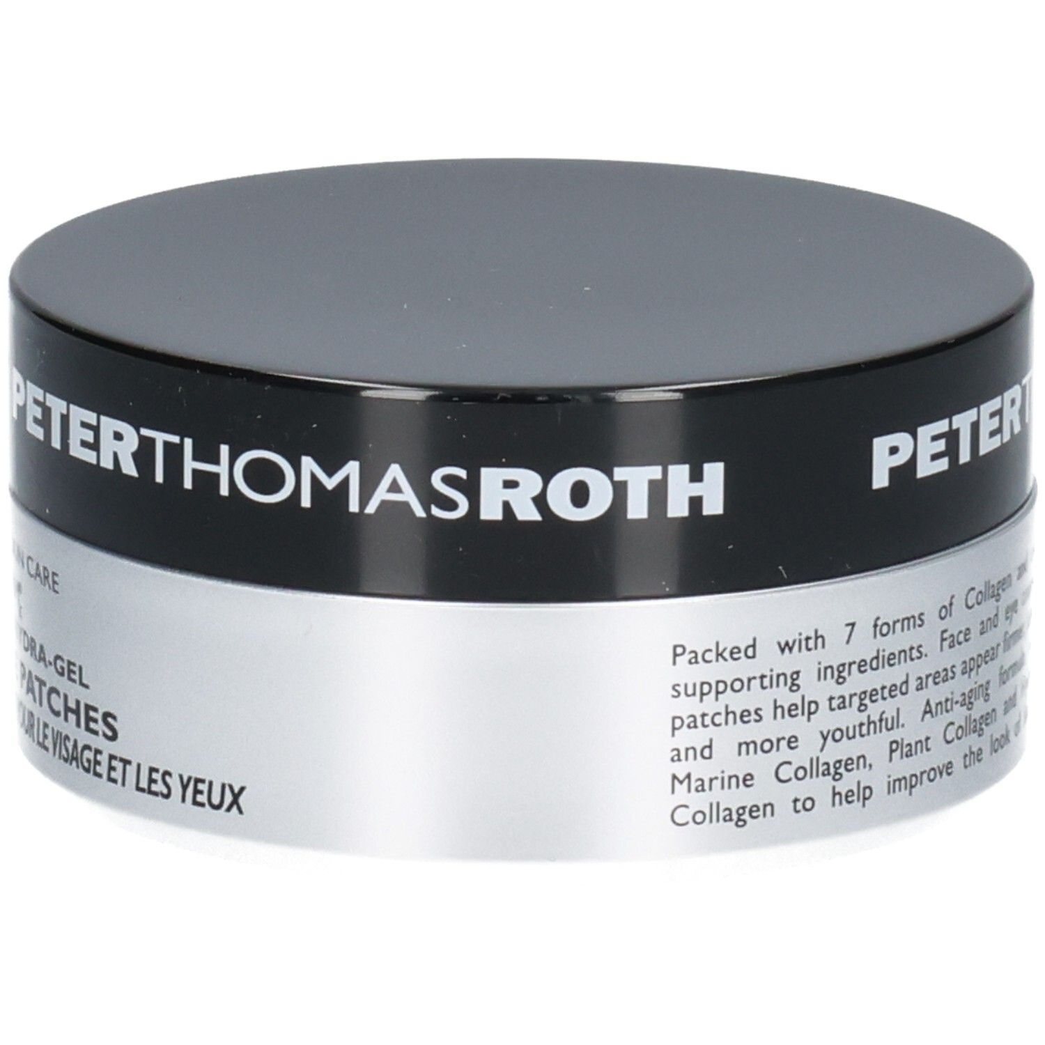 Peter Thomas Roth FIRMx Collagen Hydra-Gel Gesichts- und Augenpads: Produktbeschreibung auf Englisch und Französisch.