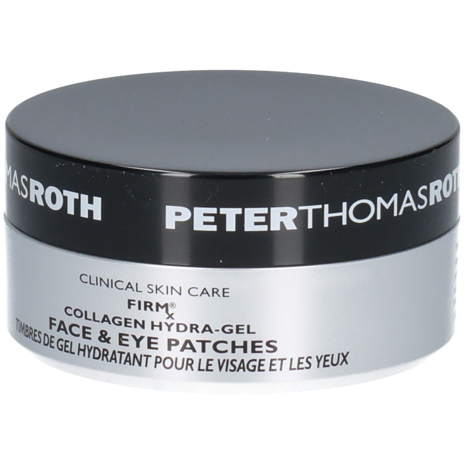 Peter Thomas Roth FIRMx Collagen Hydra-Gel Gesichts- und Augenpads: Produktbeschreibung auf Englisch und Französisch.
