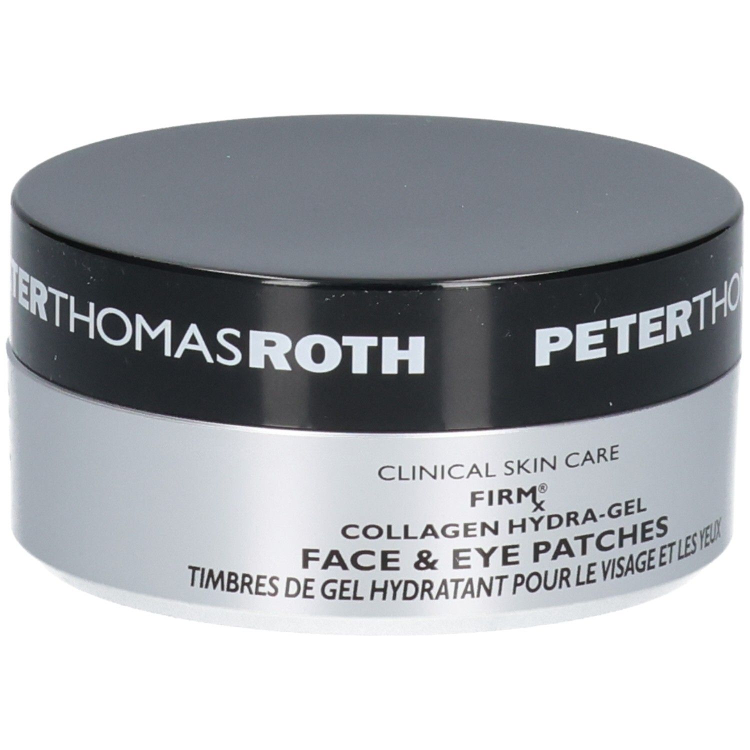 Peter Thomas Roth FIRMx Collagen Hydra-Gel Gesichts- und Augenpads: Produktbeschreibung auf Englisch und Französisch.
