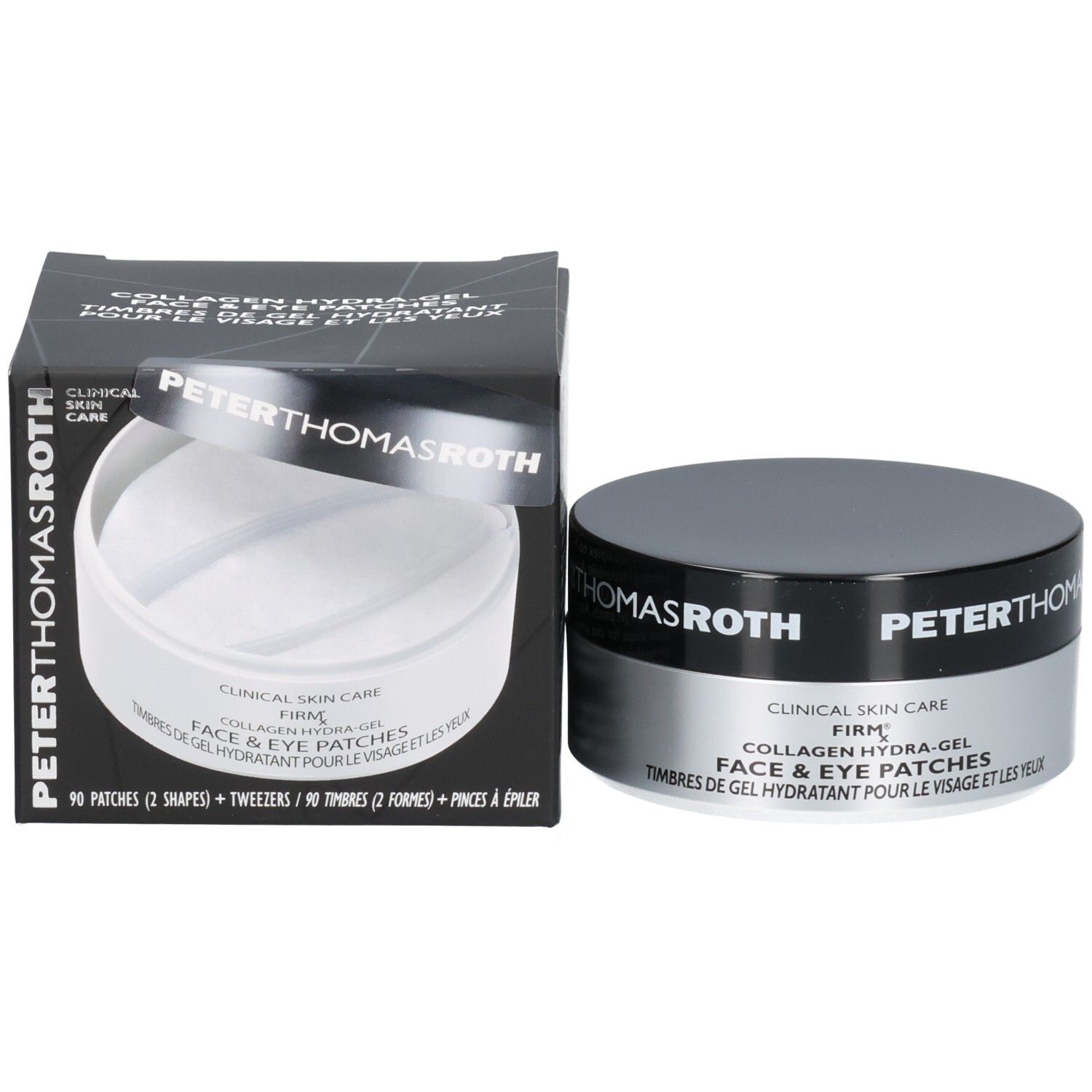 Peter Thomas Roth FIRMx Collagen Hydra-Gel Gesichts- und Augenpads: Produktbeschreibung auf Englisch und Französisch.