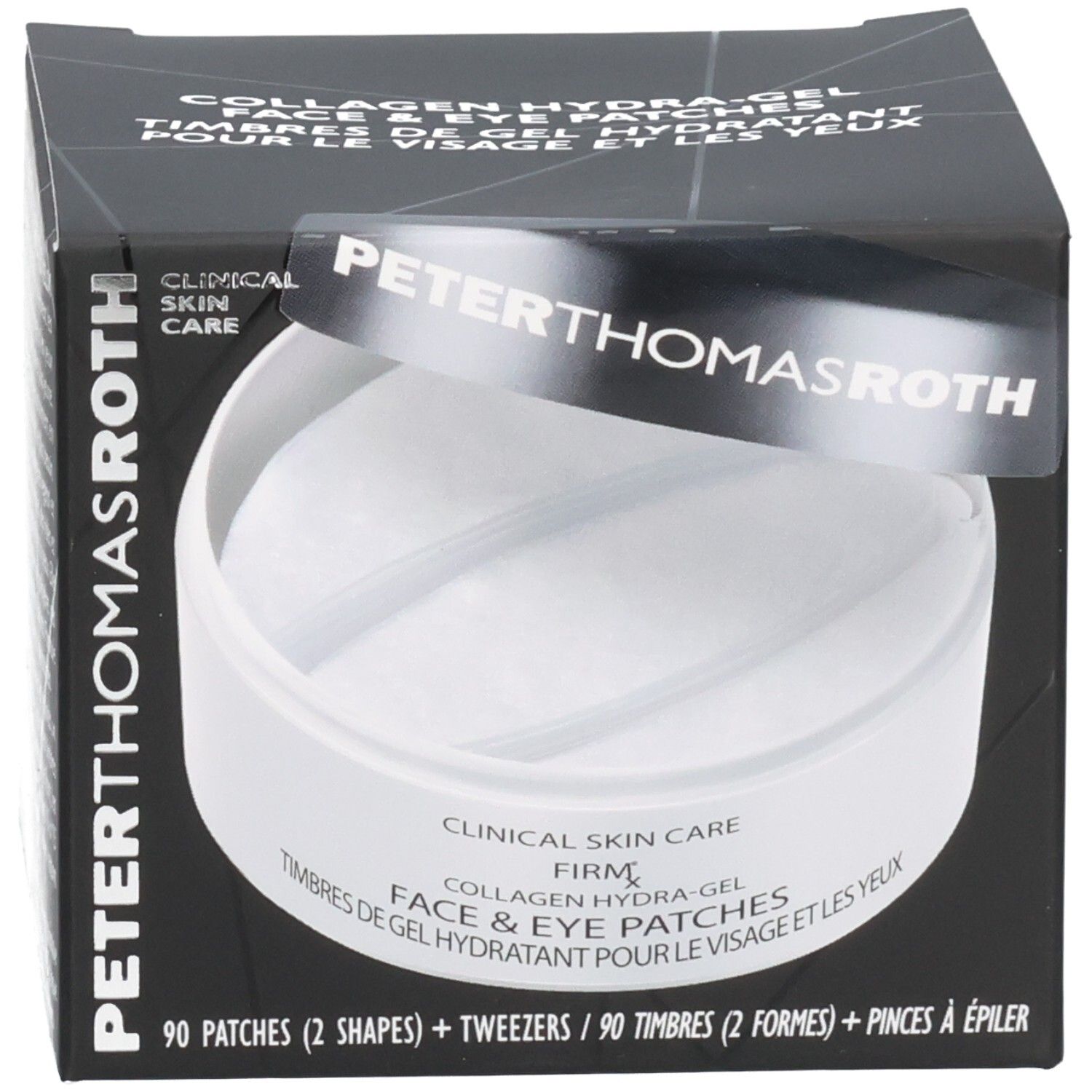 Peter Thomas Roth FIRMx Collagen Hydra-Gel Gesichts- und Augenpads: Verpackung mit 90 Pads und Pinzette.
