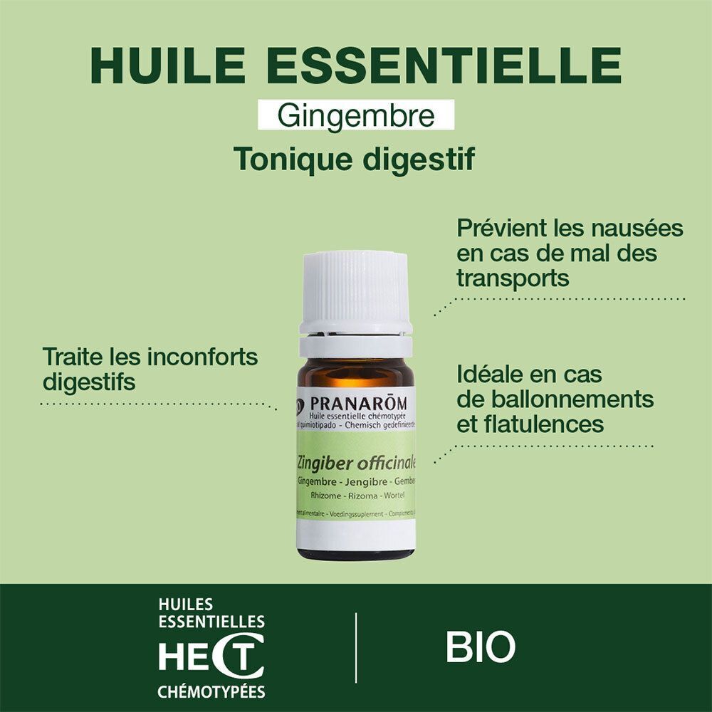 Flacon d'huile essentielle de gingembre avec texte sur la digestion et le mal des transports. Sceau BIO.