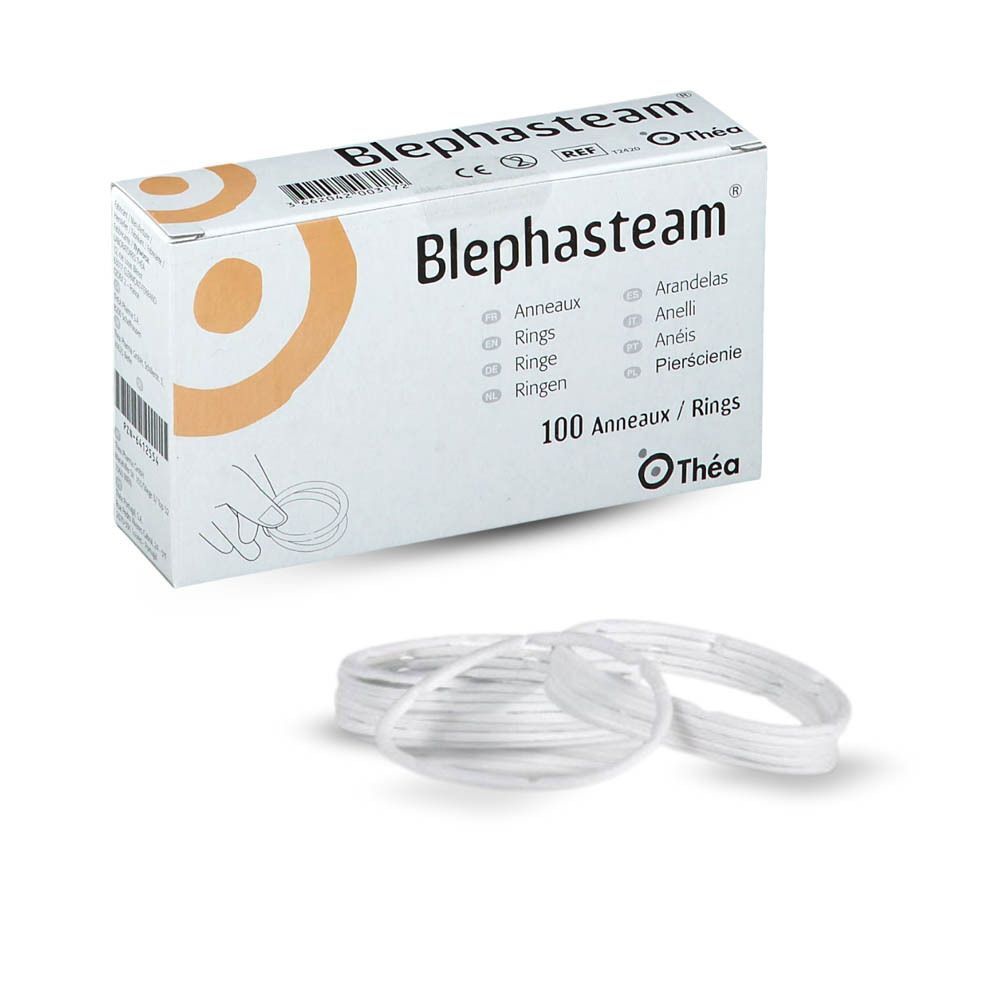 Une boîte de 100 Anneaux Blephasteam et une pile d'anneaux.