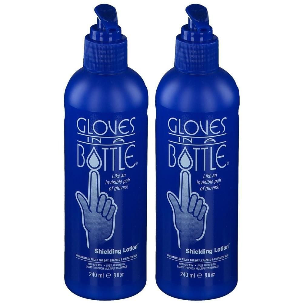 Handschuhe in einer Flasche Abschirmungslotion