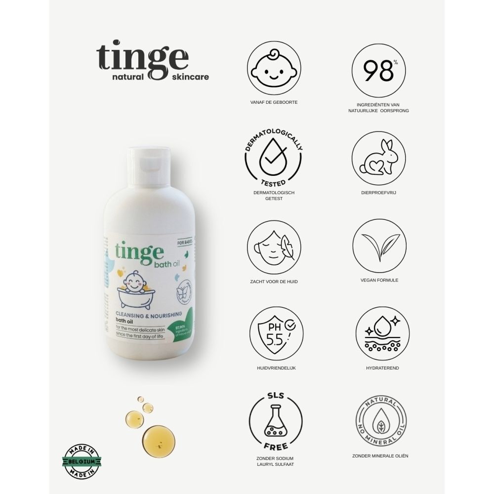 Bouteille d'huile de bain Tinge pour bébé avec étiquette montrant un bébé dans une baignoire. Icônes testé dermatologiquement, vegan, pH 5.5, sans SLS.