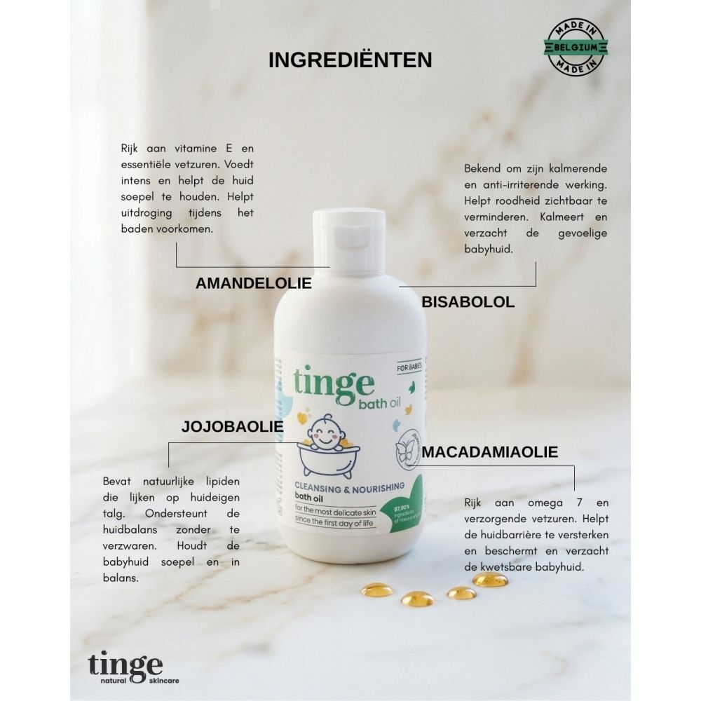 Fles Tinge baby badolie met amandel-, jojoba- en macadamiaolie en bisabolol.