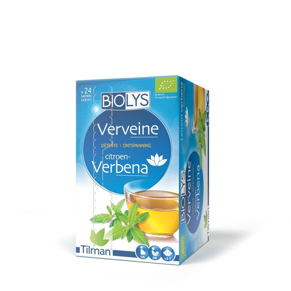 Verpakking Biolys Citroenverbena thee, 24 zakjes. Met Bio-keurmerk.