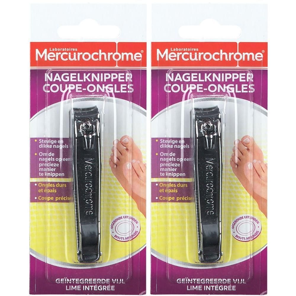 Deux paquets de coupe-ongles Mercurouchrome avec lime à ongles intégrée.