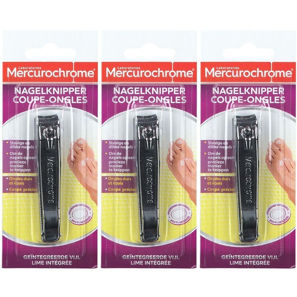Trois paquets de coupe-ongles Mercurichrome avec lime intégrée.
