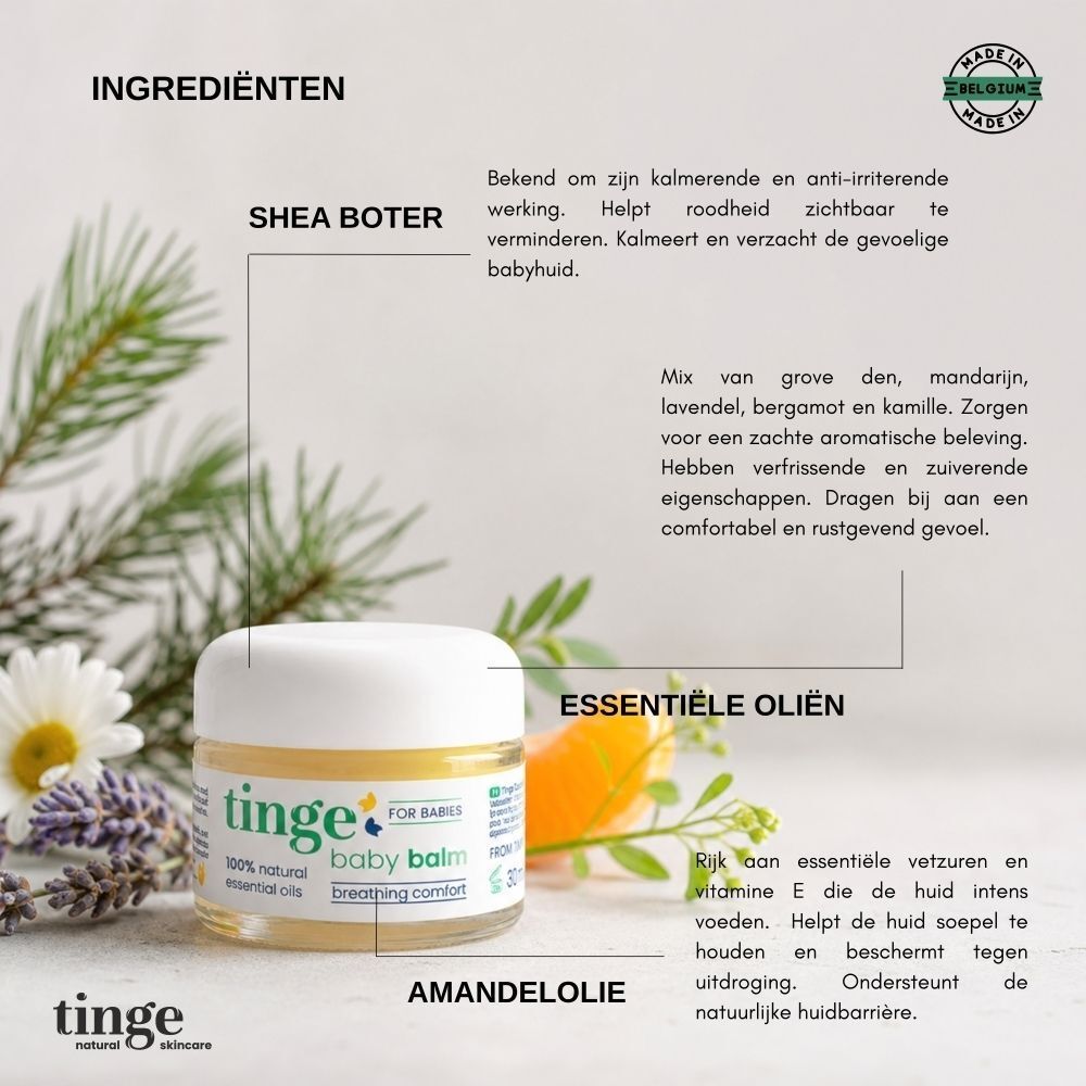 Tinge Baby Balsem: Glazen pot met witte dop. Informatie over ingrediënten en essentiële oliën.