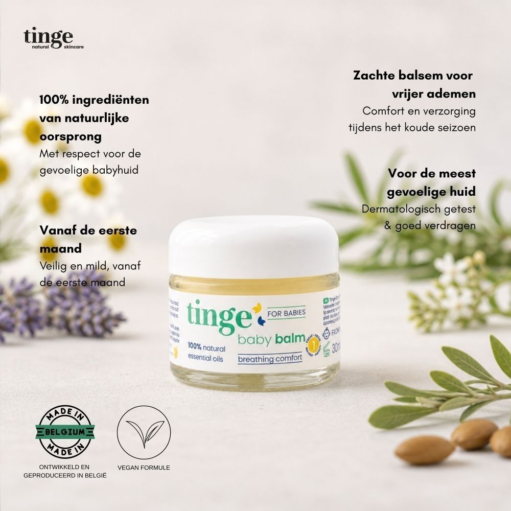 Tinge Baby Balsem: Glazen pot met witte dop. Certificeringen: Made in Belgium, Vegan Formula.