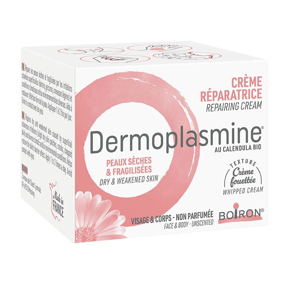 Boîte de crème réparatrice Dermoplasmine Calendula Bio pour peaux sèches et fragilisées.