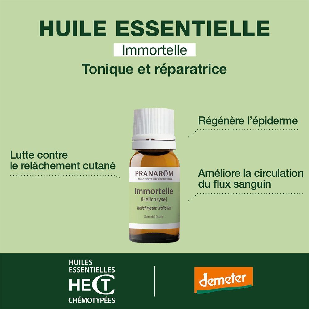 Flacon d'huile essentielle d'Immortelle Pranarôm, texte sur régénération épiderme et circulation.