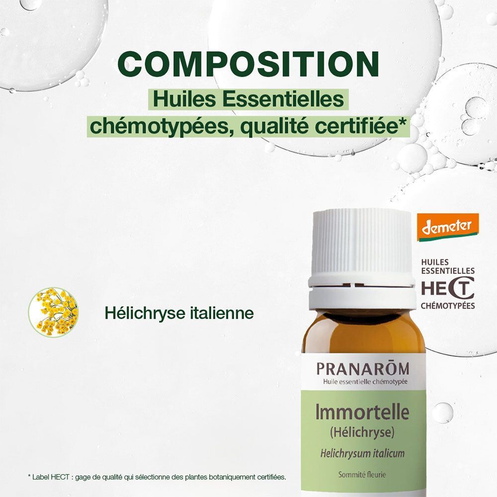 Flacon d'huile essentielle d'Hélichryse italienne Pranarôm, avec labels Demeter et HECT.