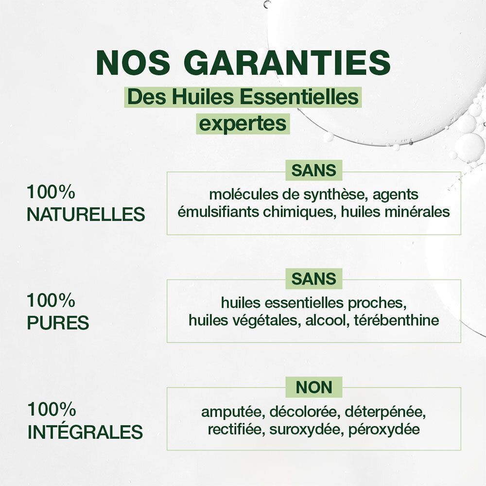 Garanties des huiles essentielles : 100% naturelles, pures, intégrales, sans substances synthétiques.