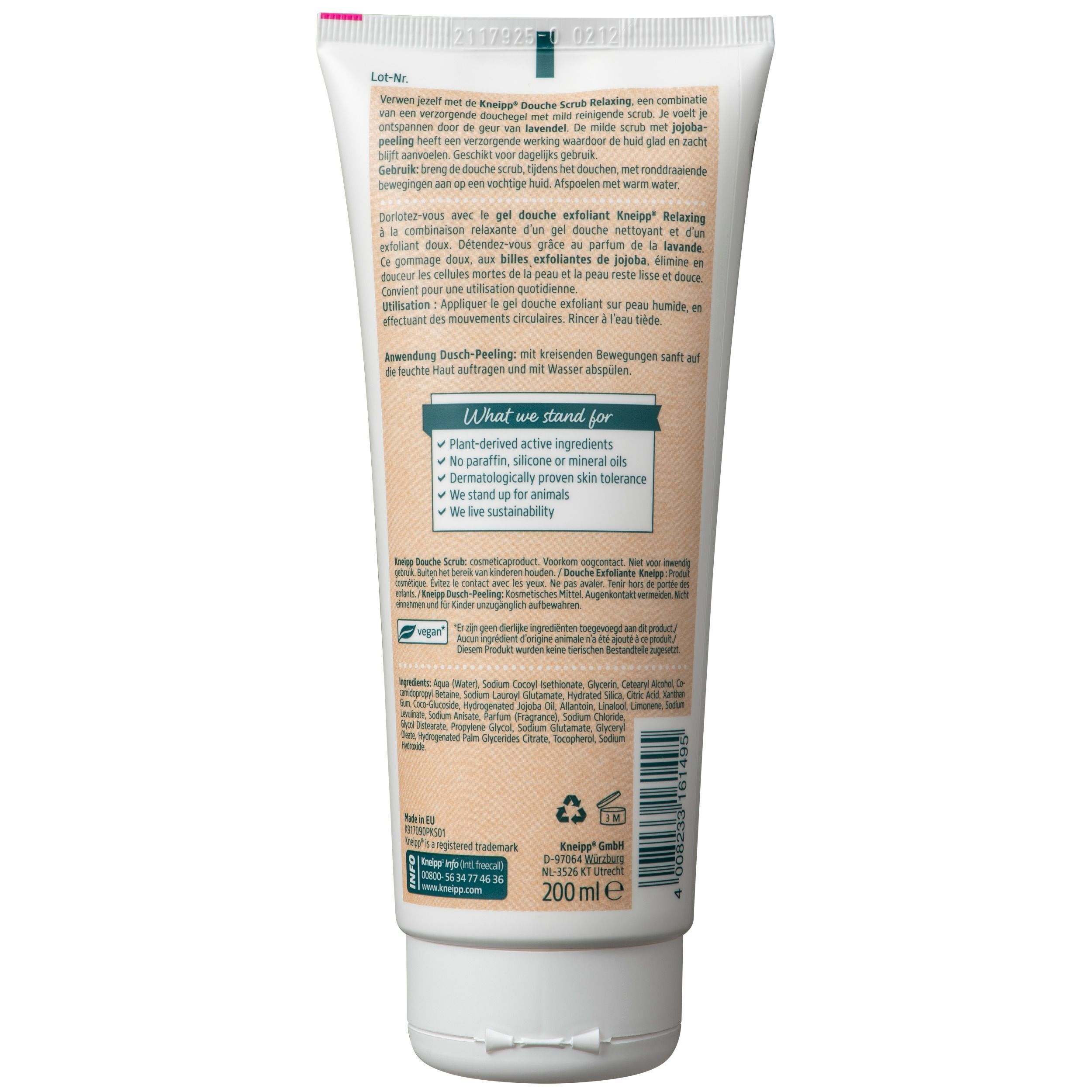 Arrière d'un tube de Gommage Douche Relaxant Lavande Billes de Jojoba Kneipp.