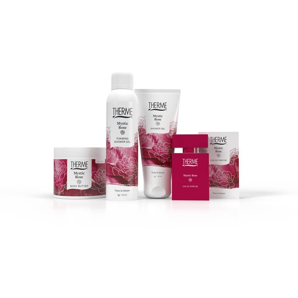 Therme Mystic Rose Body Butter en andere producten in een verpakking.
