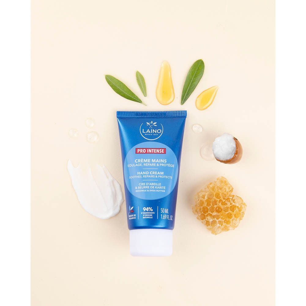 Een tube Laino Handcrème Pro Intense met honingraat en sheanoot.