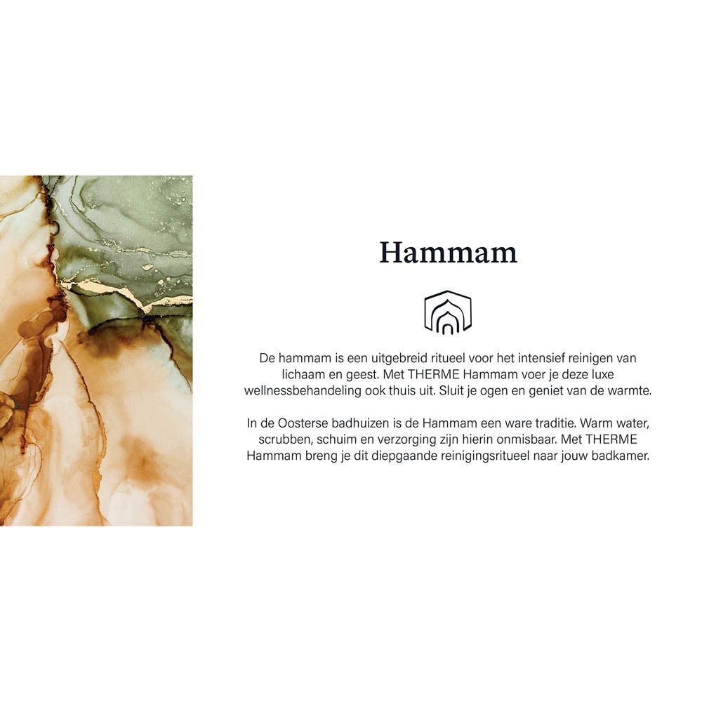 Een pot Therme Hammam Body Butter met een label dat een hammam-scène toont.