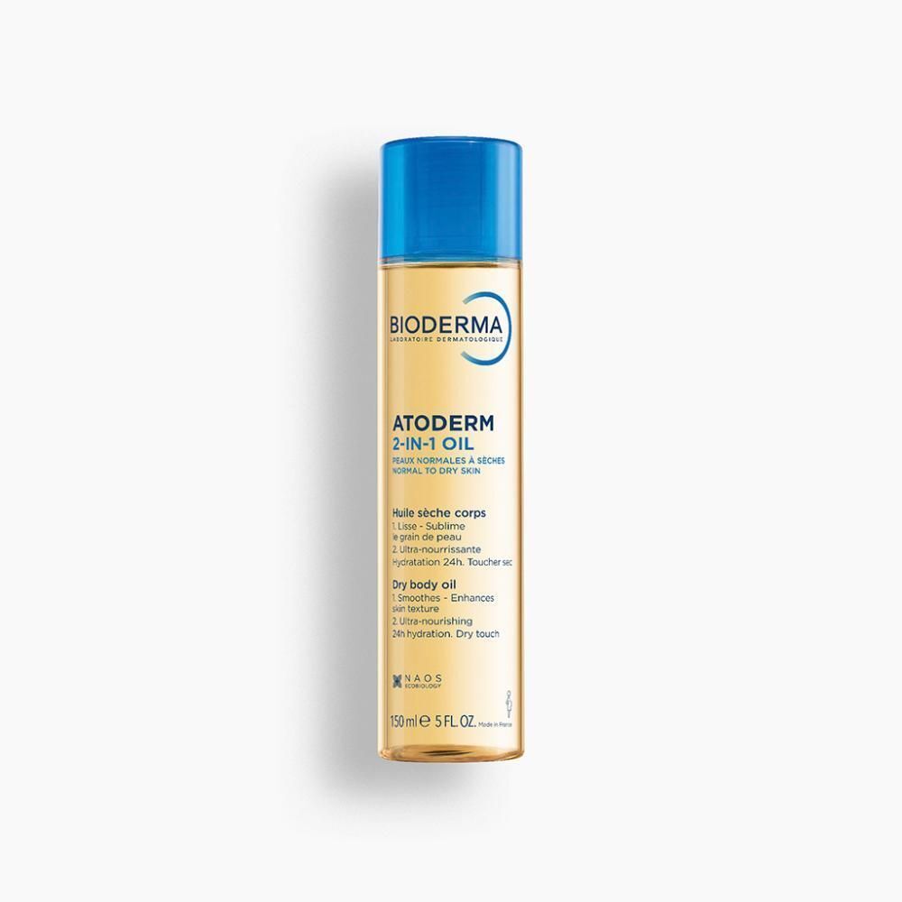 Een fles Bioderma Atoderm 2-in-1 Olie op een witte achtergrond.