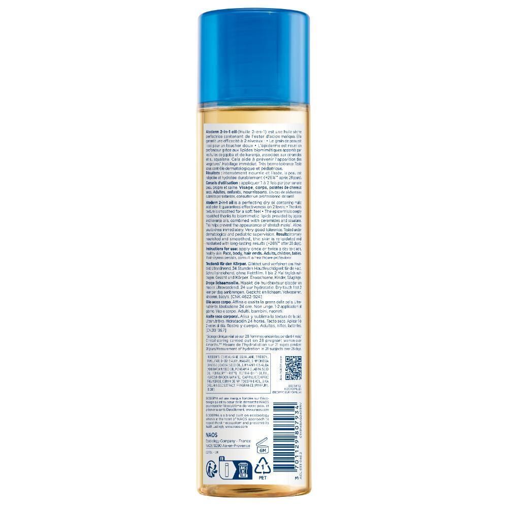 Achterkant van een fles Bioderma Atoderm 2-in-1 Olie met productinformatie.