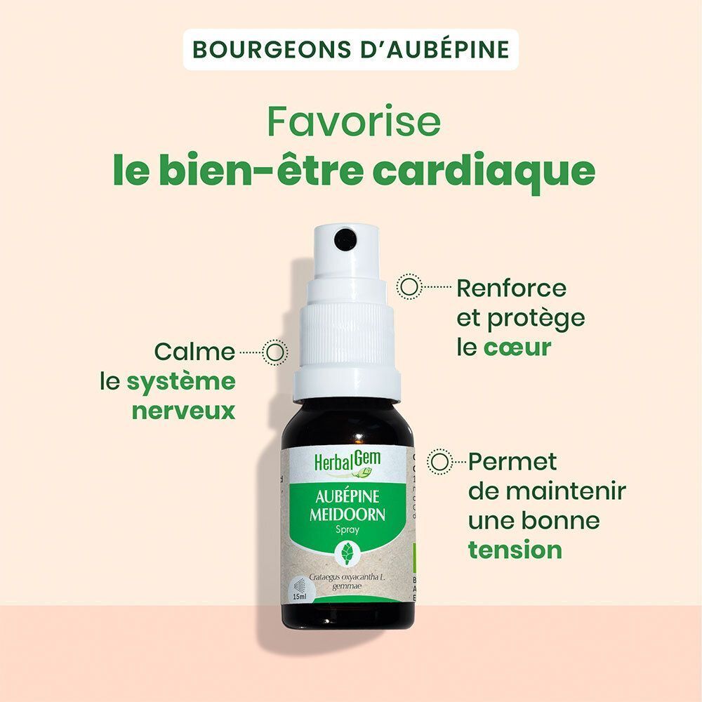 Flacon de spray Aubépine Bio HerbalGem avec explications sur le cœur et les nerfs.