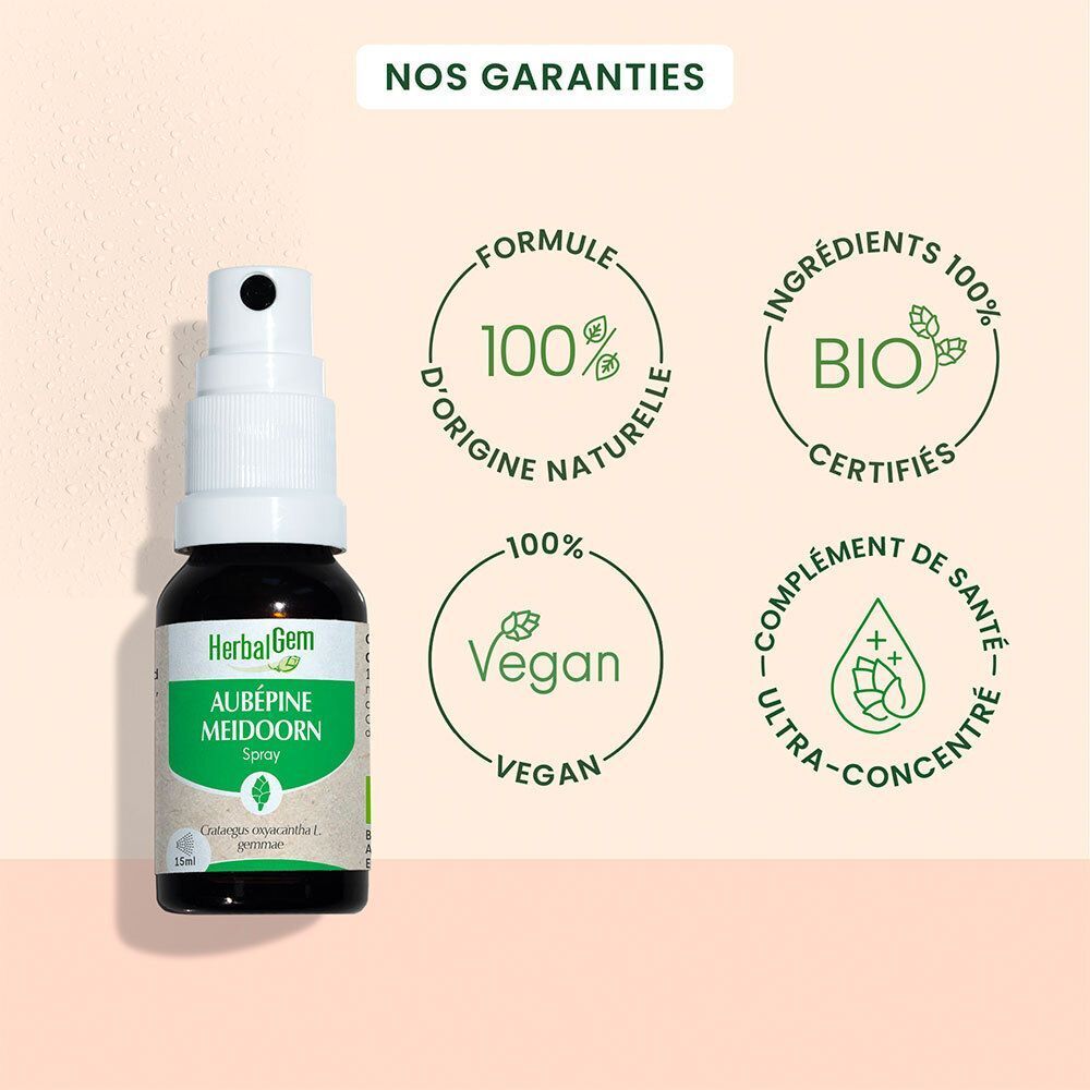 Flacon de spray Aubépine Bio HerbalGem avec certificats Bio, Vegan et qualité.