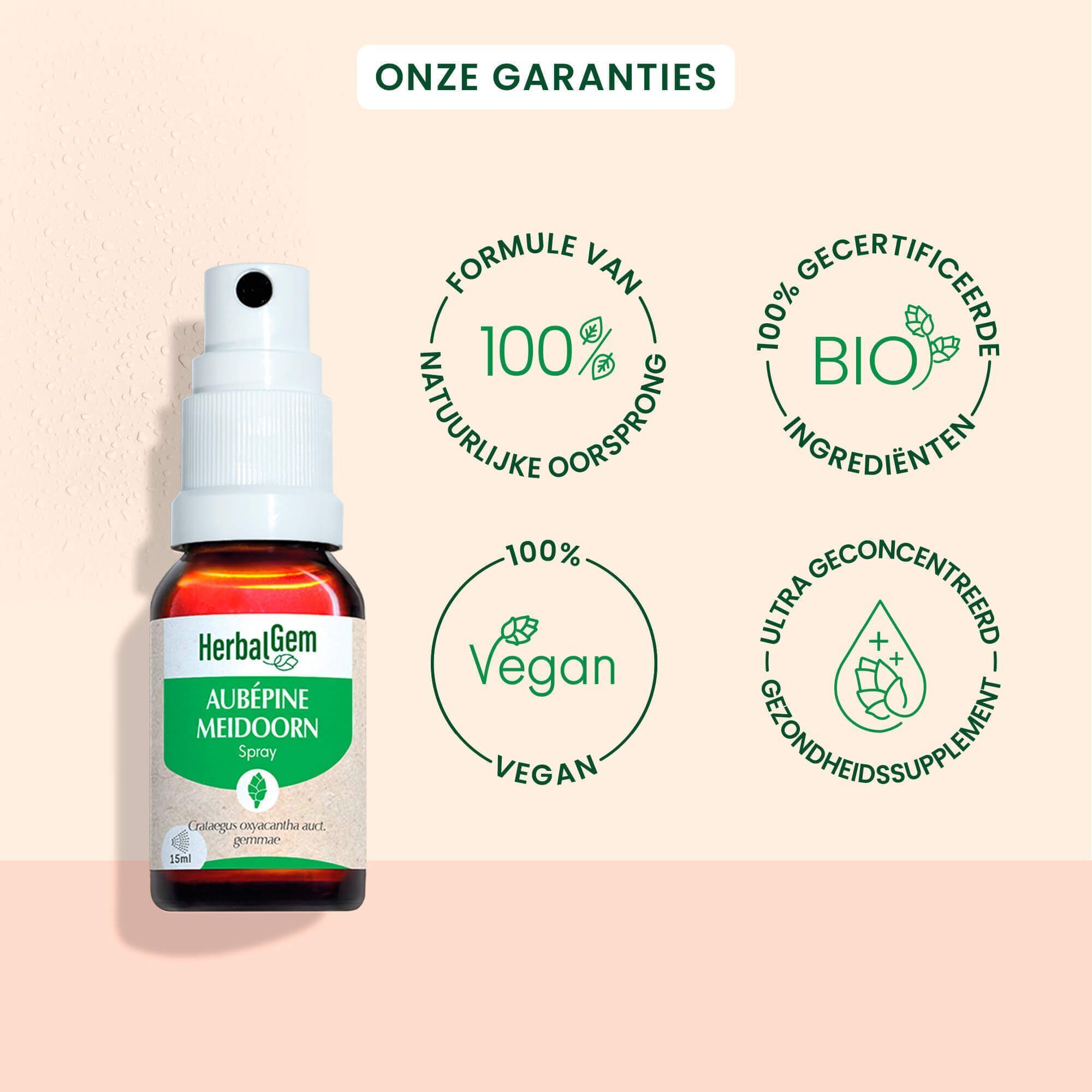 Flesje HerbalGem Meidoorn Bio Spray met Bio-, Vegan- en kwaliteitskeurmerken.