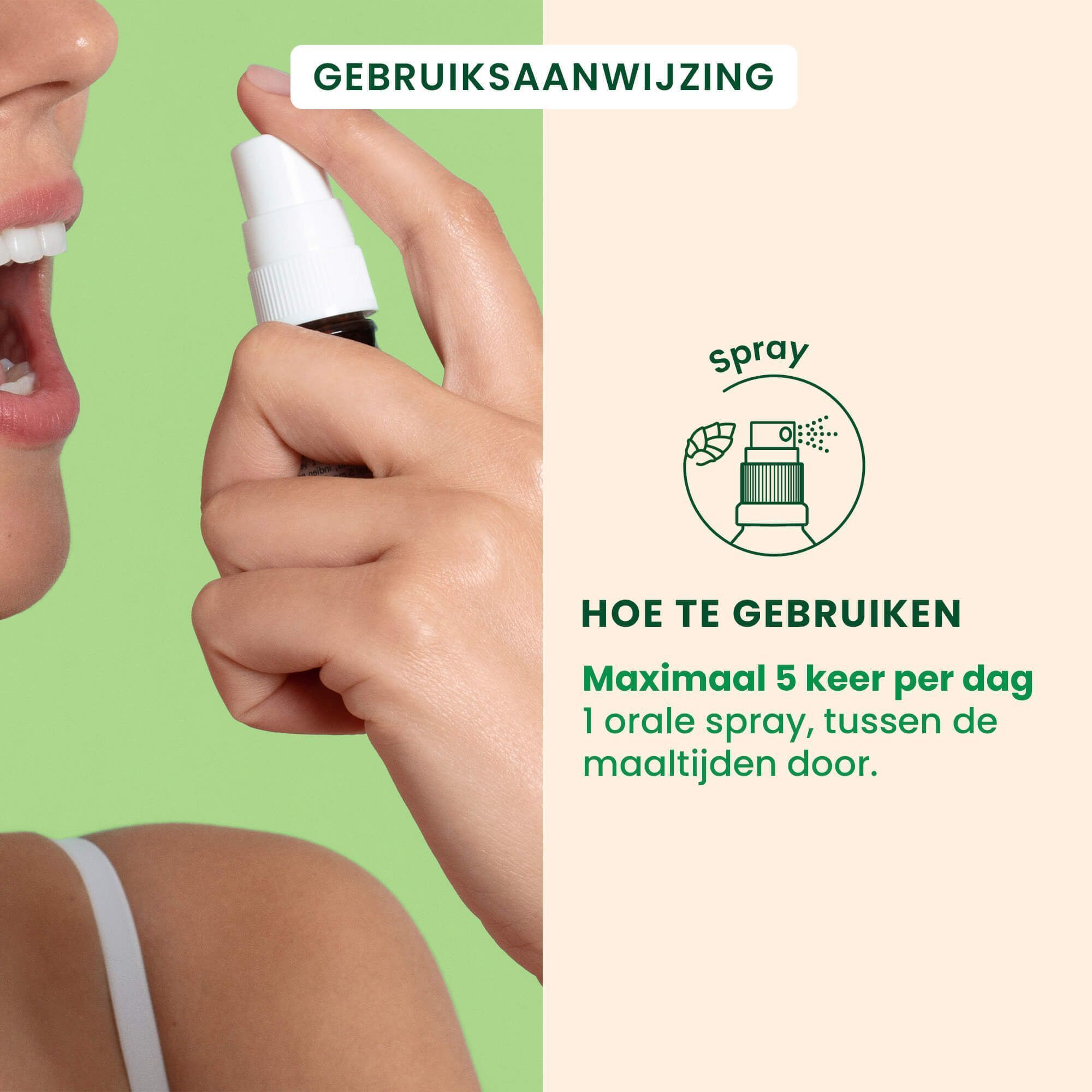 Gebruik van HerbalGem Meidoorn Bio Spray met spuitinstructies.