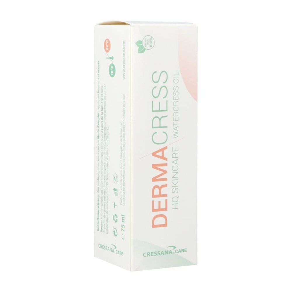 Een witte verpakking voor Dermacress HQ Watercress Oil Huidverzorging, 75 ml.