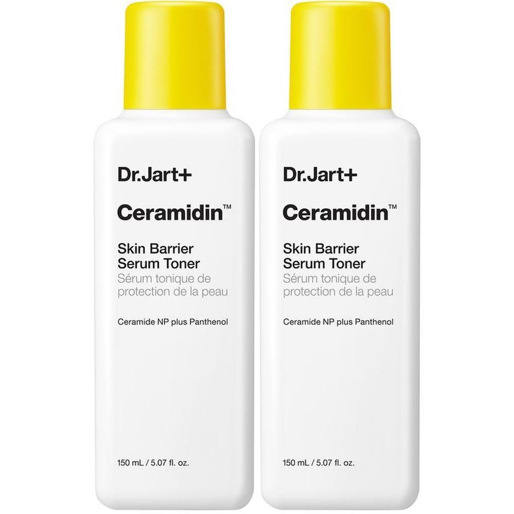 Zwei Flaschen Dr. Jart+ Ceramidin Skin Barrier Serum Toner mit gelben Verschlüssen.