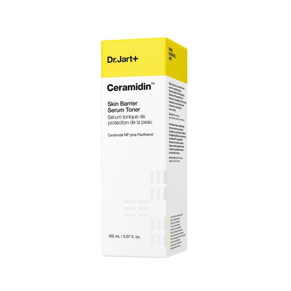 Dr.Jart+ Ceramidin Skin Barrier Serum Toner, 150 ml. Weiße Flasche mit gelbem Deckel.