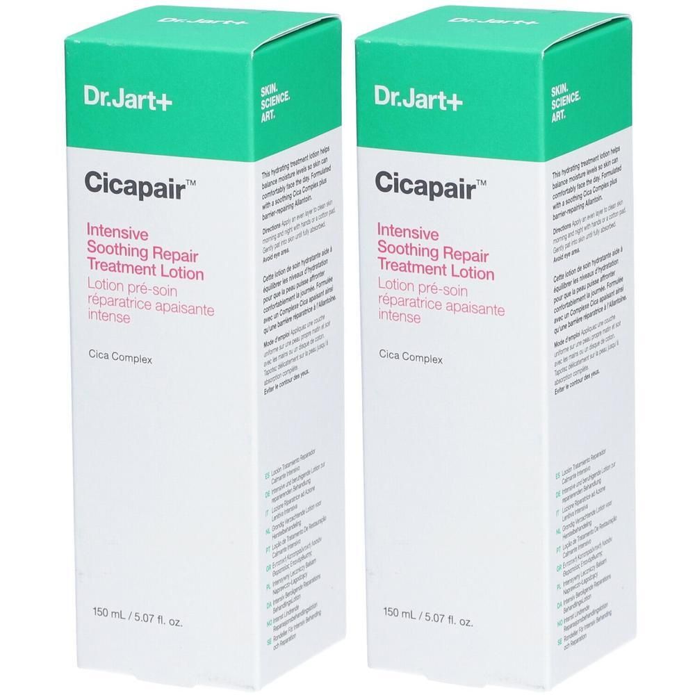 Zwei Dr. Jart+ Cicapair Intensive Soothing Repair Treatment Lotion Verpackungen.