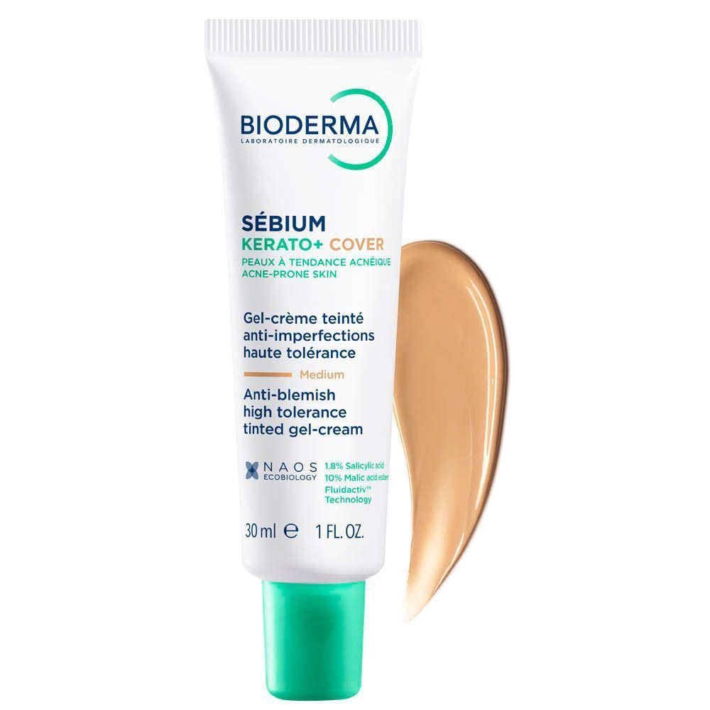 Bioderma Sébium Kerato+ Cover, getinte gel-crème, Medium, 30ml tube.