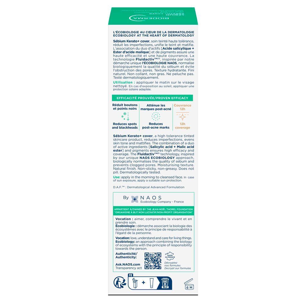 Bioderma Sebium Kerato Cover : soin teinté haute tolérance avec acide salicylique et ester d'acide malique. Réduit imperfections et marques.
