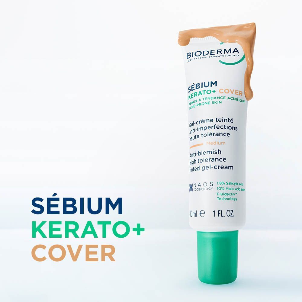 Bioderma Sébium Kerato+ Cover : gel-crème teinté teinte medium, tube 30ml avec bouchon vert.