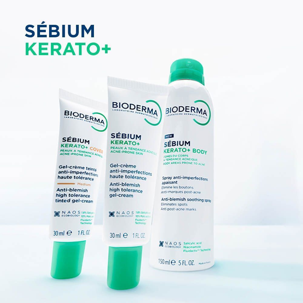Trois produits de soin Bioderma Sebium Kerato+: gel-crème teinté, gel-crème et spray corporel.