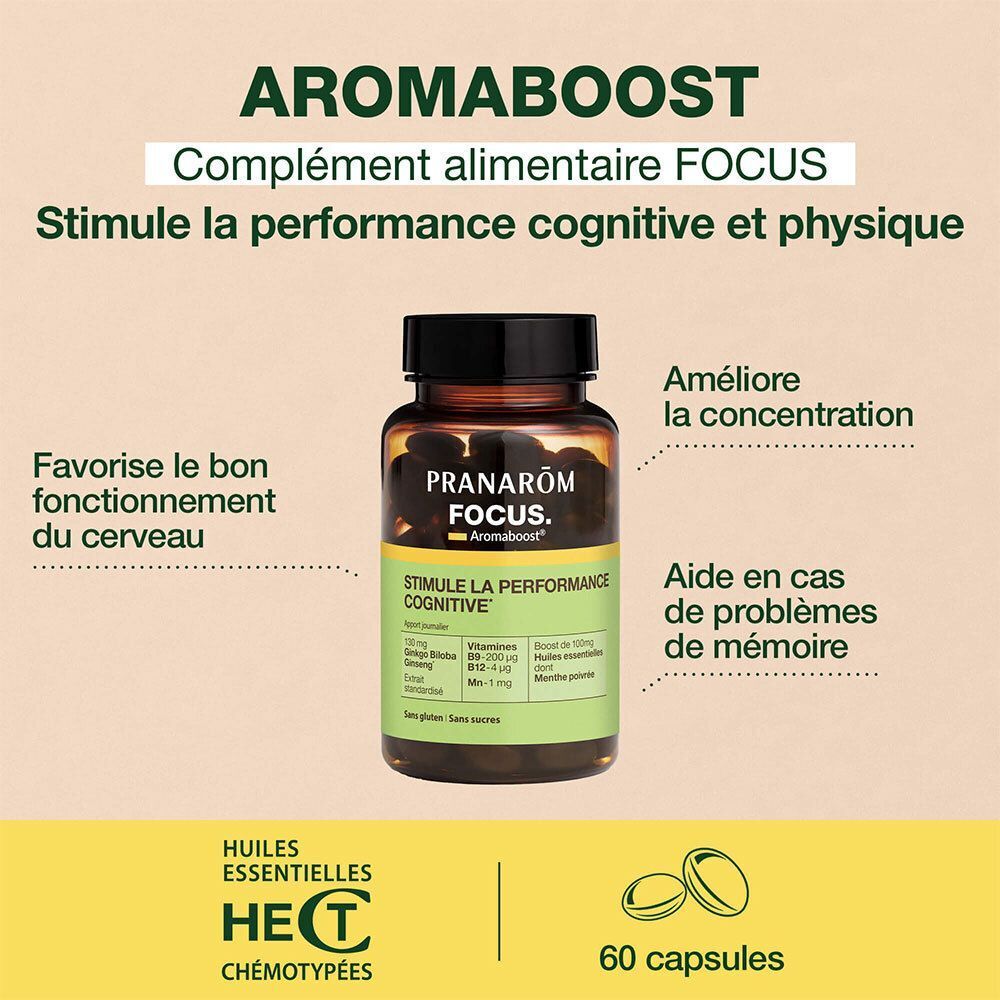 Flacon de Pranarom Aromaboost FOCUS avec informations sur la concentration et la mémoire.