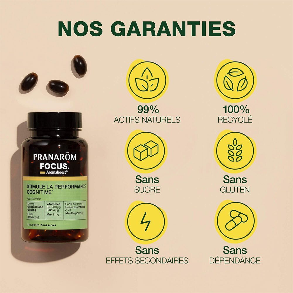 Flacon Pranarom Aromaboost FOCUS avec symboles de garantie : 99% actifs naturels, recyclable, sans sucre, sans gluten.